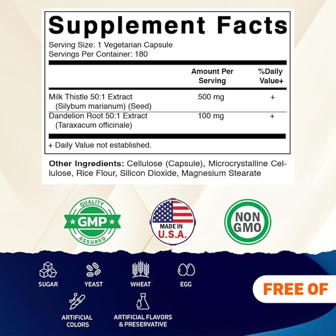 Vitamatic Milk Thistle with Dandelion Root – 50:1 Plant-Based Botanical Extract – Concentrated Herbal Capsules – Vegetarian, Non-GMO, Gluten-Free – 180 Capsules