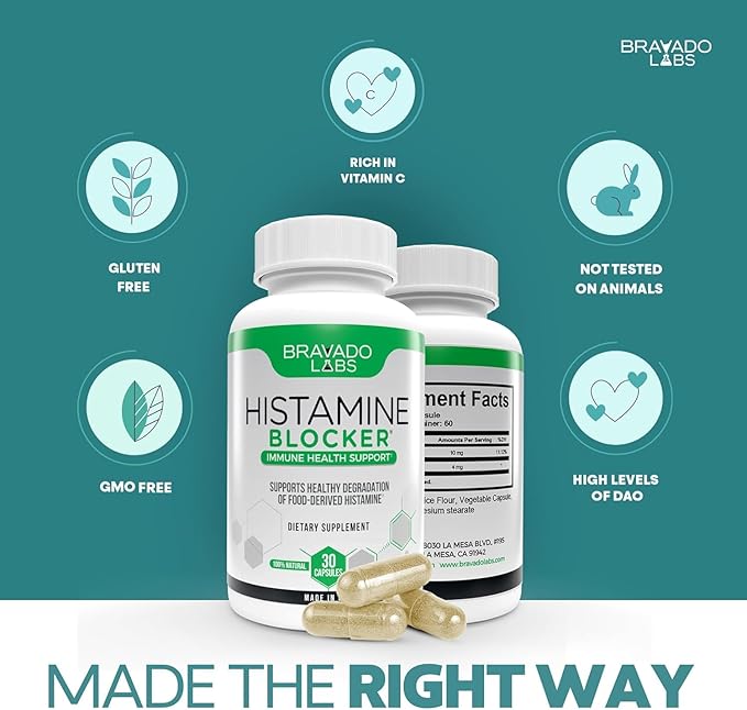 Bravado Labs DAO Supplements Histamine Blocker - DAO Enzyme + Diamine Oxidase & Vitamin C for Daily Histamine Metabolism & Immune Support - 30 ct