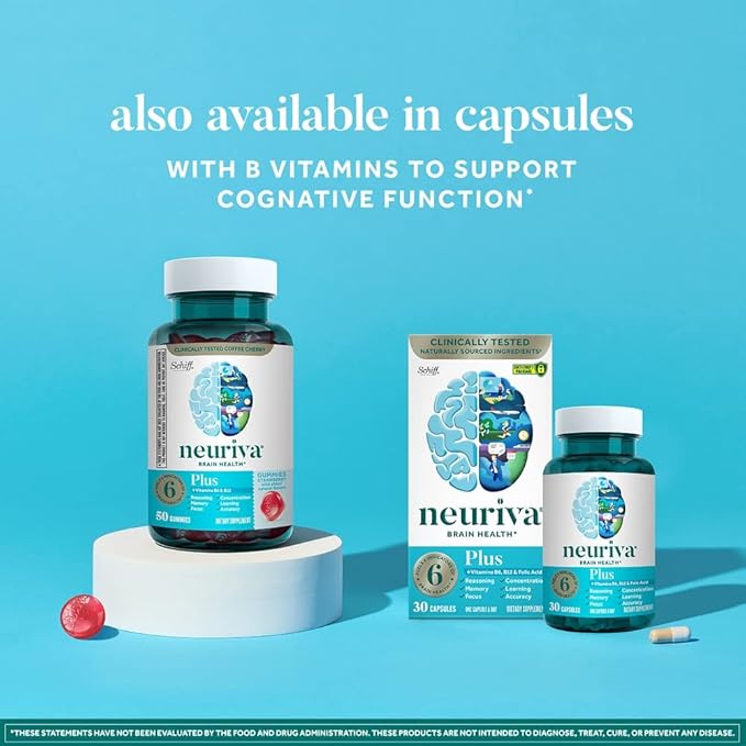 NEURIVA Plus Decaff 50ct Strawberry Gummy (2 Pack) Nootropic Brain Supplement for Memory, Focus & Concentration & Cognitive Function, Clinically Tested NeuroFactor, Phosphatidylserine, Vitamins B6 B12