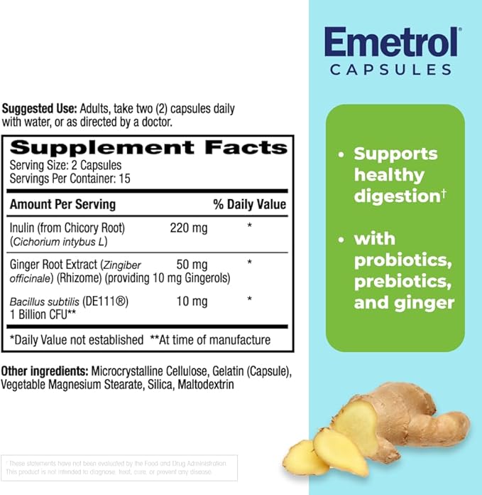Emetrol Daily Digestive Support Capsules – Probiotic Prebiotic & Ginger Supplement for Gut Health, Bloating, Gas & Nausea Support – #1 Pharmacist Recommended Brand – 30 Capsules