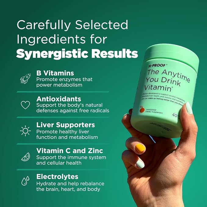 H-PROOF The Anytime You Drink Vitamin, Liver Health & Immunity Support with Electrolytes, Milk Thistle, and Vitamins B & C - 40 Chewable Tablets (20 Servings), Vegan, Lemonade