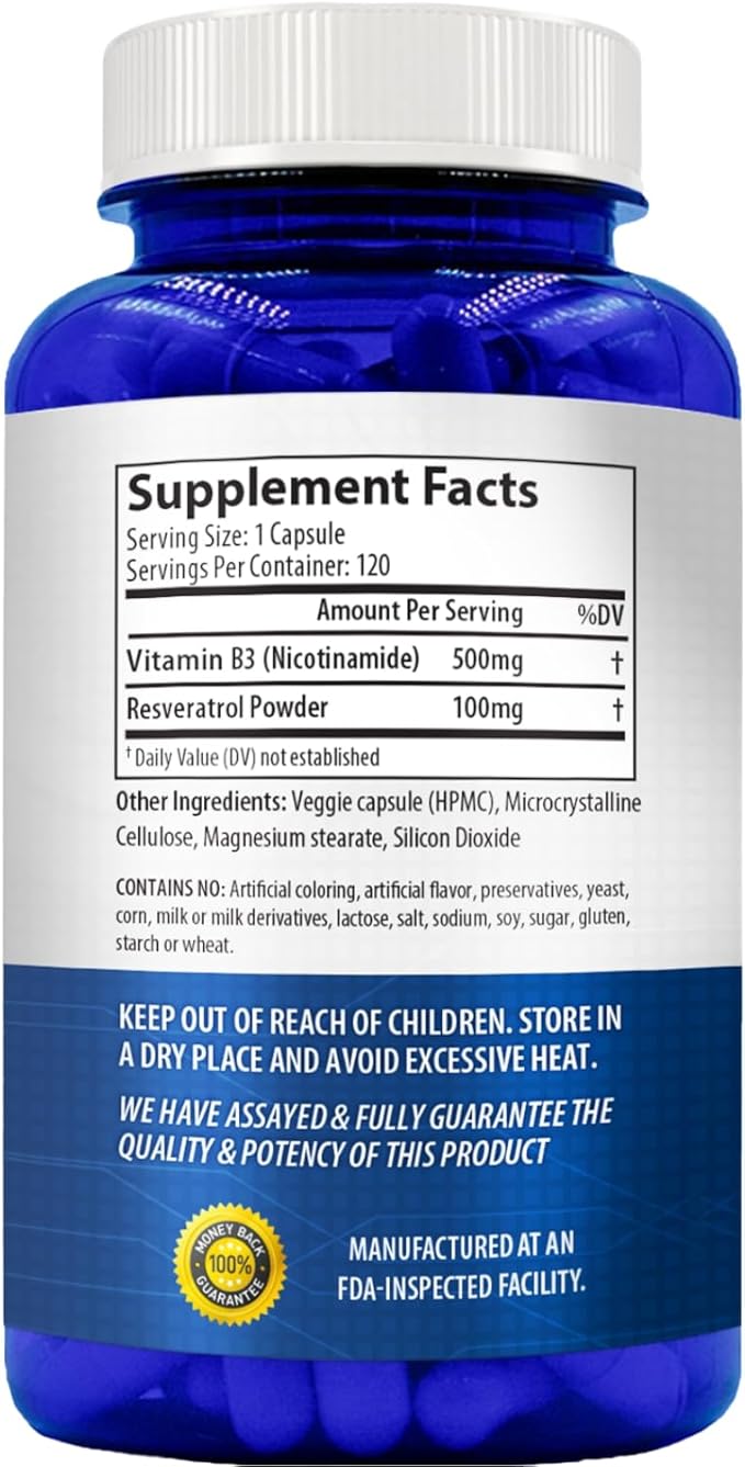 Resveratrol with Vitamin B3 Nicotinamide 500mg | NAD+ Precursor and Longevity Complex with Nicotinamide Form of Vitamin B3 Niacin Flush Free for Aging Skin Energy & Cellular Support (120 Day Supply)