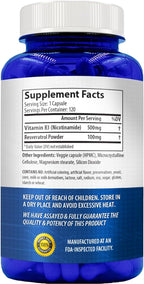 Resveratrol with Vitamin B3 Nicotinamide 500mg | NAD+ Precursor and Longevity Complex with Nicotinamide Form of Vitamin B3 Niacin Flush Free for Aging Skin Energy & Cellular Support (120 Day Supply)