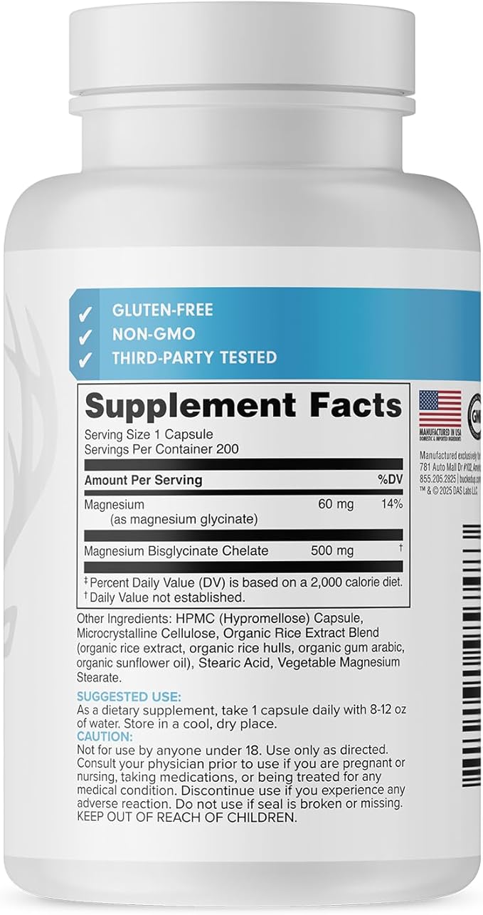 Bucked Up Magnesium Glycinate 500mg | Chelated Magnesium Bisglycinate | Non GMO Gluten Free Third Party Tested | Daily Mineral Support (200 Capsules, 200 Servings)