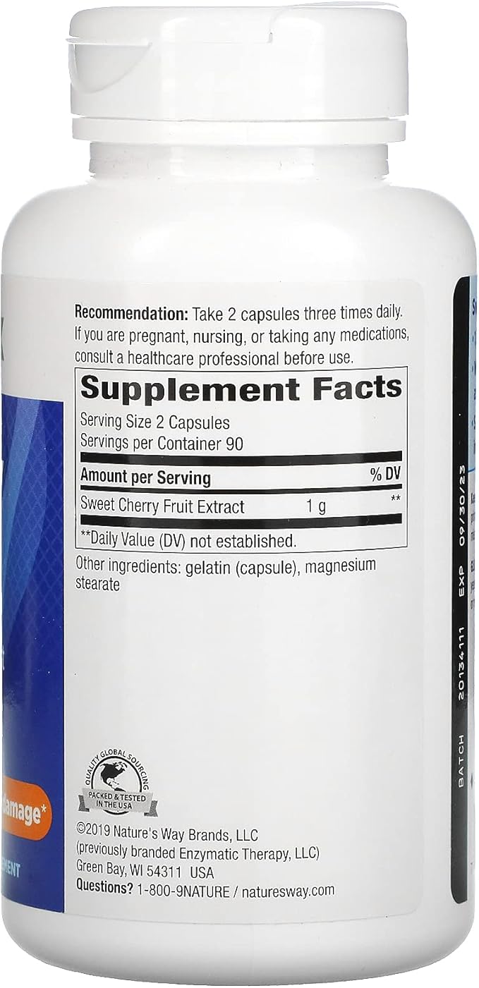 Nature's Way Cherry Fruit Sweet Cherry Extract, Supports Antioxidant Pathways*, 1,000 mg Per 2-Capsule Serving, Gluten free, 180 Capsules (Packaging May Vary)