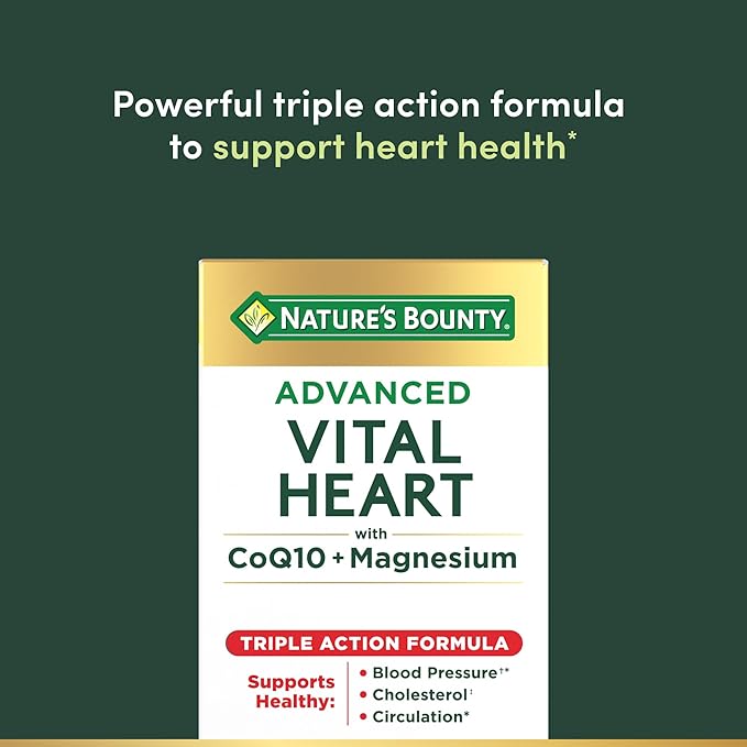 Nature’s Bounty Advanced Vital Heart with CoQ10 + Magnesium, Antioxidant, Supports Healthy Blood Pressure, Cholesterol, Circulation, Triple Action Formula, CoQ10, Magnesium Supplement, 60 Softgels