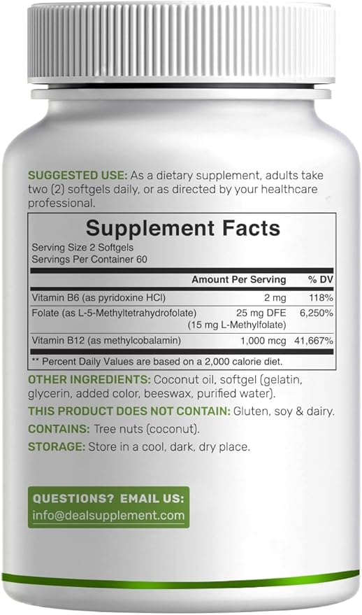 DEAL SUPPLEMENT L-Methylfolate 15 mg Per Serving, 120 Coconut Oil Softgels | 3-in-1 with Active 5-MTHF Methylated Vitamin B9, B6 & Methylated B12 | Active Folate Supplement | Non-GMO, Gluten Free