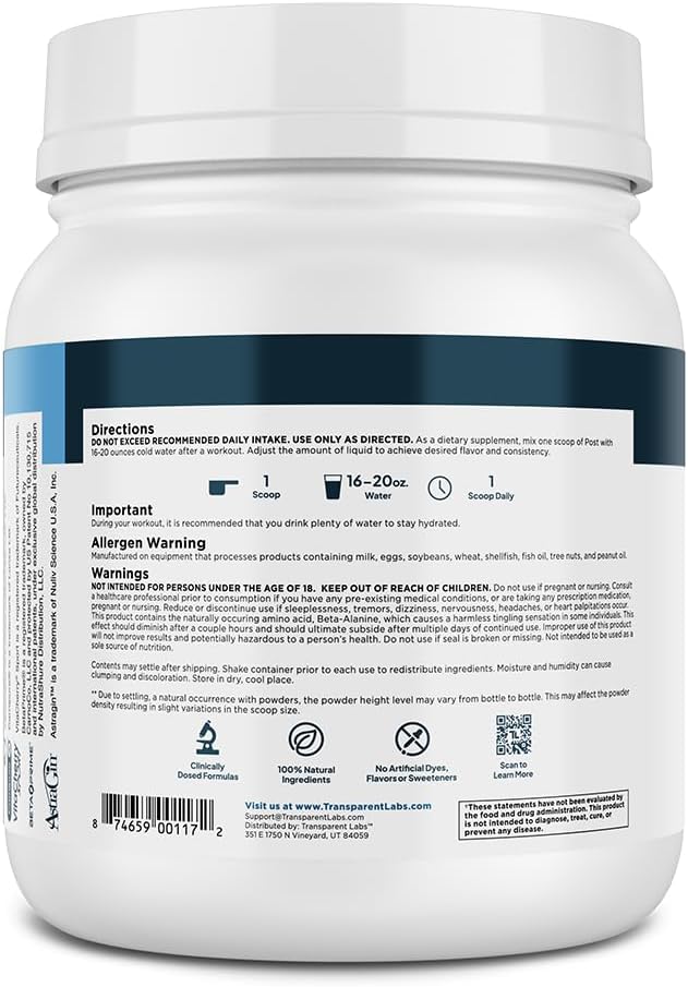 Transparent Labs Post - Post-Workout Recovery Muscle Builder w/L-Glutamine, Creatine Monohydrate, & Carnipure L-Carnitine L-Tartrate for Muscle Recovery & Building - 30 Servings, Orange