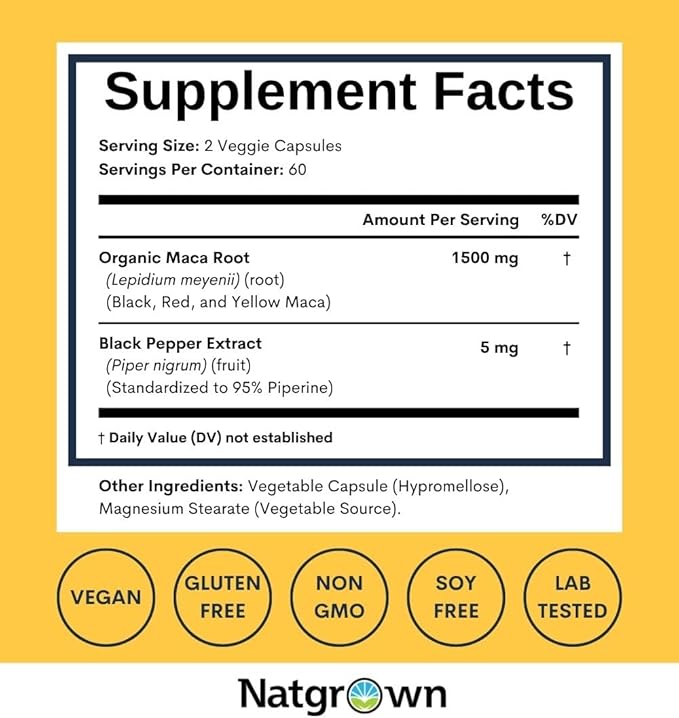Natgrown Organic Maca Root Powder Capsules - Black, Red & Yellow - 1500 mg per Serving - Gelatinized Peruvian Maca Supplement - Non-GMO, Gluten-Free, Vegan - (120 Count)