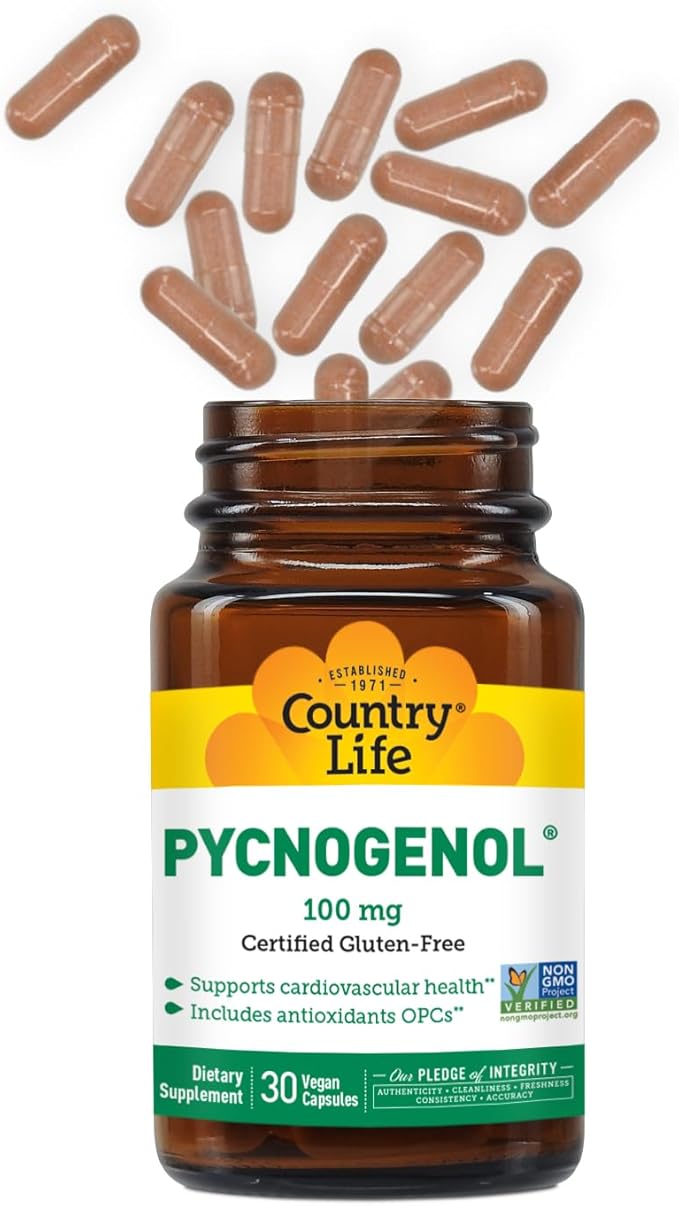 Country Life Pycnogenol 100mg - French Maritime Pine Bark Extract Antioxidants Supplement - Supports Cardiovascular Health - No Yeast, Corn, Wheat, Soy, Milk, Salt, Preservatives - 30 Capsules