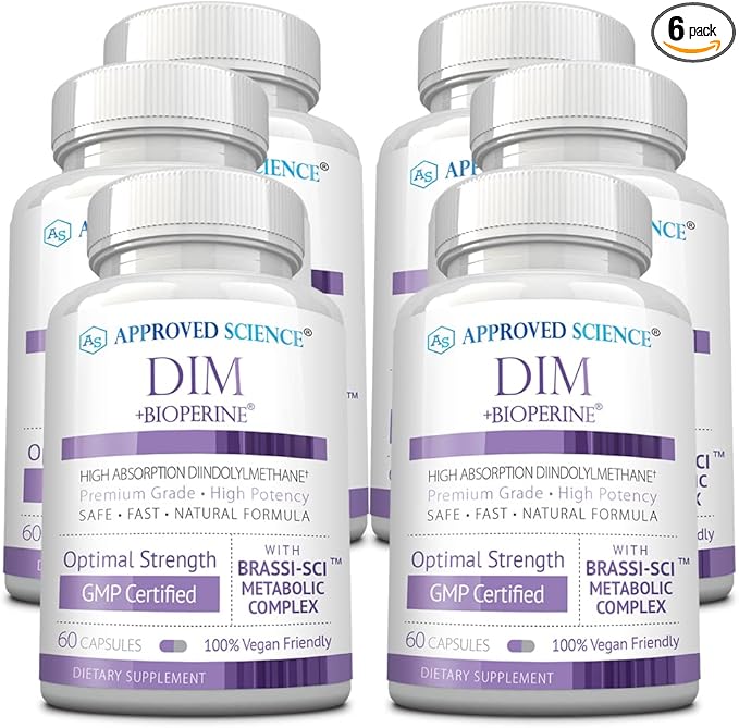 Approved Science DIM - Estrogen Metabolism Support - DIM, Broccoli Sprout, Mustard Seed, Calcium, BioPerine - Vegan - 6 Bottles - 360 Capsules