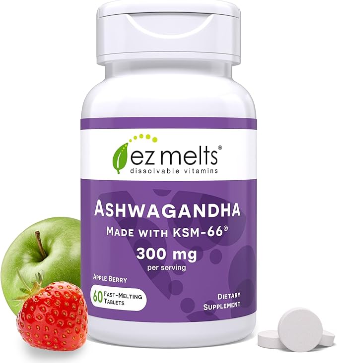 EZ Melts Dissolvable KSM-66 Ashwagandha, 300 mg, Sugar-Free, Stress, Sleep and Mood Support Supplement, 30-Day Supply, Apple Berry-Flavor - 1 Pack