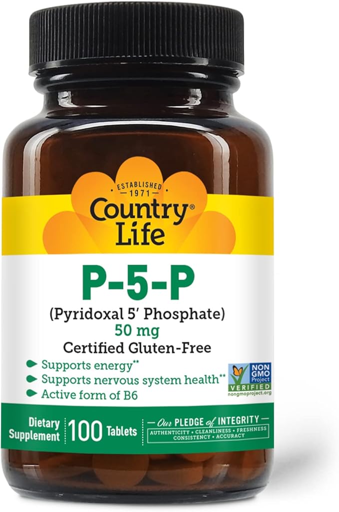Country Life P-5-P Vitamin B6 – Bioavailable Pyridoxal-5-Phosphate Supplement for Energy, Nervous System Support, and Red Blood Cell Growth – Certified Gluten Free, Vegan, Non-GMO – 100 Capsules