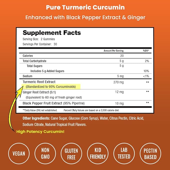 Turmeric Gummies for Adults & Kids with Ginger & Black Pepper Extract | 95% Curcuminoids | Vegan Natural Curcumin Joint Support | 120 Tumeric Gummy Supplements (2-Pack)