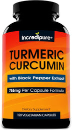 Turmeric Curcumin Supplement with Black Pepper Extract - 755mg Per Capsule, 120 Veggie Caps by Curcumin Incredipure