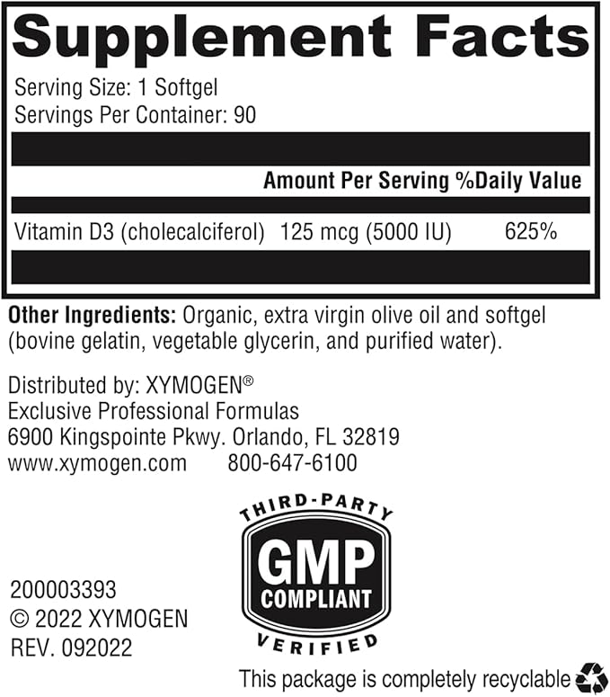 XYMOGEN D3 5000 - Bioavailable Vitamin D3 5000 IU (125 mcg) - High Strength Vitamin D Supplement for Immune Bone & Heart Health Support - 90 Softgels