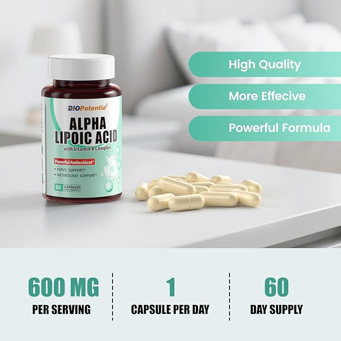 Alpha Lipoic Acid 600mg Per Serving - ALA Supplement with Vitamins B1, B6 & B12 - Supports Antioxidant Activity, Metabolism & Nerve Health | Non-GMO - 60 Capsules