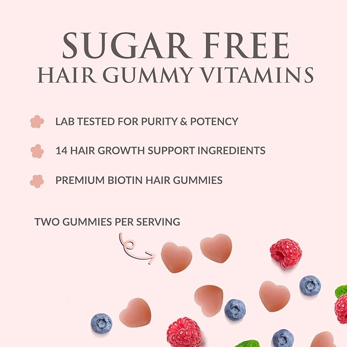 Hair Vitamins Gummies - Sugar Free Hair Growth Support Gummy with Biotin 5000 mcg Per Serving, Vitamin A, B12, C, D, E, Folic Acid - Supports Strong Beautiful Hair and Nails, Vegetarian - 60 Gummies