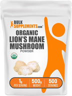 BulkSupplements.com Organic Lions Mane Mushroom Powder - Lions Mane Powder, Mushroom Supplement - Vegan & Gluten Free, 1g per Serving, 500g (1.1 lbs) (Pack of 1)