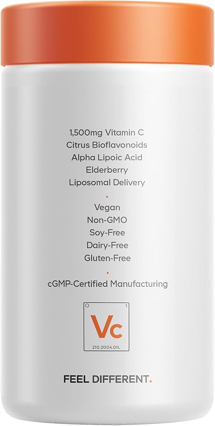 Codeage Liposomal Vitamin C 1500mg with Zinc, Elderberry, Citrus Bioflavonoids Grapefruit, Lemon, Orange Powder, Quercetin & Rose Hips Fruit – Vegan Supplement - Non-GMO, Vegan Pills, 180 Capsules