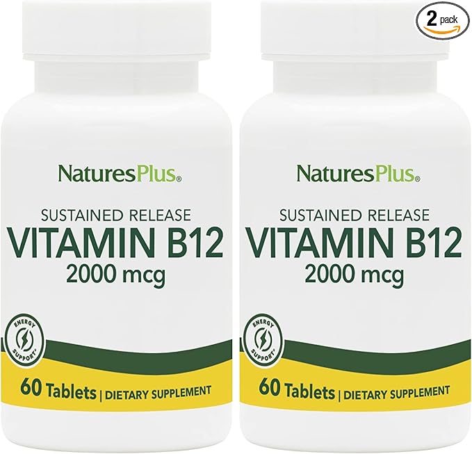 NaturesPlus Vitamin B12 (Methylcobalamin), Sustained Release - 2000 mcg, 60 Vegetarian Tablets - High Potency Red Blood Cell Support - Natural Energy Booster - Gluten-Free - 60 Servings (Pack of 2)