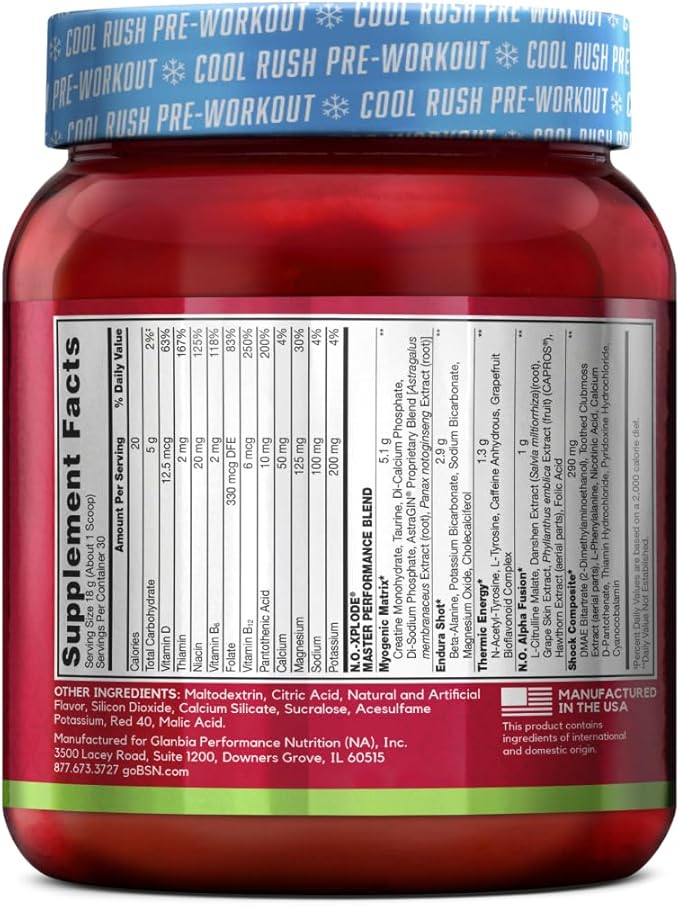 BSN N.O.-XPLODE Cool Rush Pre Workout Powder, Preworkout Energy Supplement for Men and Women with Creatine and Beta-Alanine, Cherry Lime Ice, 30 Servings, 1.2 Pound (Packaging May Vary)