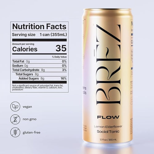 BRĒZ FLOW Lion’s Mane Mushroom Drink 24 Pack, Lemon Elderflower, Supports Mood & Focus, Non-Alcoholic Sparkling Adaptogen Drink, Functional Mushrooms, Feel Clear, Calm & Refreshed- 12 Fl oz Cans