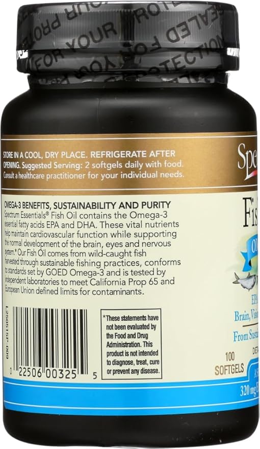 Spectrum Essentials Spectrum Fish Oil, 1000 mg, 100 SoftGels, From Sustainably Harvested Fish, (Pack of 2)
