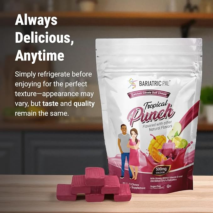 BariatricPal Sugar-Free Calcium Citrate Soft Chews | 500mg with Vitamin D & Probiotics | Tropical Punch | 90 Count (1 Month Supply)