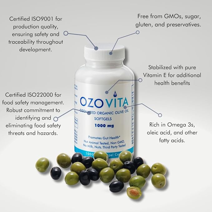 High Potency Ozonated Organic Extra Virgin Olive Oil Softgels 1000mg | Pure Oxygenated Capsules for Immune Support & Gut Health | Organic Oxygen Infused Supplement | 2 Month Supply
