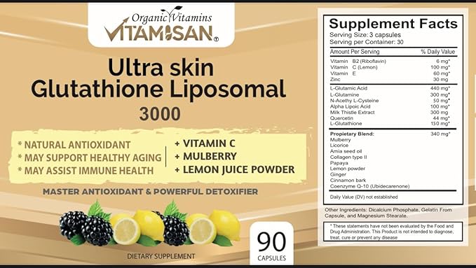 VITAMISAN Glutathione Liposomal, NAC, Milk Thistle, Collagen, Total, 90 Capsules, Made in USA, Fresh