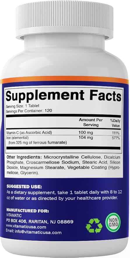 Vitamatic Ferrous Fumarate 325 mg + Vitamin C 100 mg (104 mg Elemental Iron) – High Potency Iron Supplement – Gentle on Stomach, 120 Coated Tablets, Made in USA