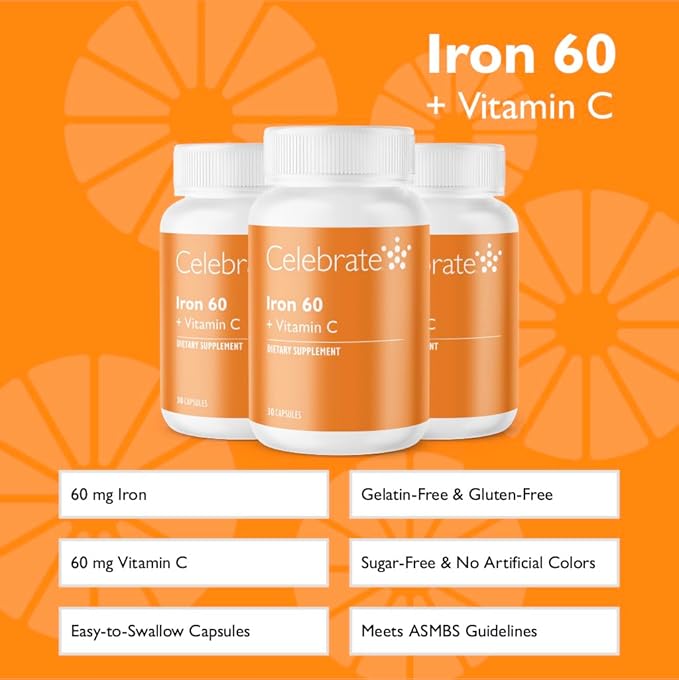 Celebrate Vitamins Iron Supplement with Vitamin C - 60mg Iron, 60mg Vitamin C, Bariatric Vitamins for WLS Patients, Vertical Sleeve & Gastric Bypass Surgery (90 Capsules)