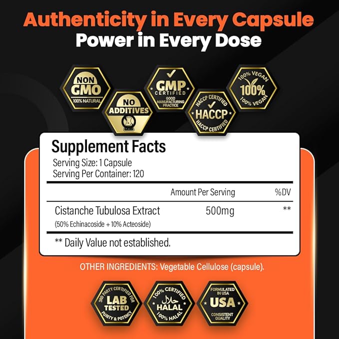 Premium Cistanche Tubulosa Extract 500mg (120 Capsules) - 50% Echinacosides,10% Acteosides - Natural Nootropic for Stamina, Immunity and Memory - No Fillers, Hormone Balance - Strength Booster for Men