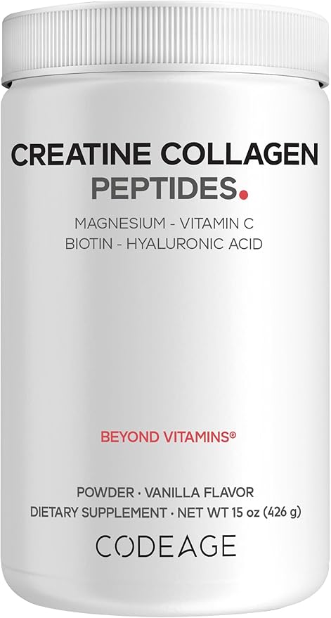 Codeage Creatine Collagen Peptides - Creatine Monohydrate Powder Supplement, Wild-Caught Marine Collagen, Biotin, Magnesium, Vitamin C, Hyaluronic Acid - Vanilla Flavored - Non-GMO - 15 Oz