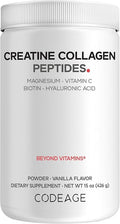 Codeage Creatine Collagen Peptides - Creatine Monohydrate Powder Supplement, Wild-Caught Marine Collagen, Biotin, Magnesium, Vitamin C, Hyaluronic Acid - Vanilla Flavored - Non-GMO - 15 Oz
