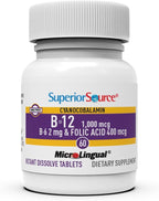Superior Source No Shot Vitamin B-12 Cyanocobalamin 1000 mcg, B-6, Folic Acid 400 mcg - Support Brain & Heart Health - Aids Natural Energy Levels - 60 Sublingual Dissolving Tablets