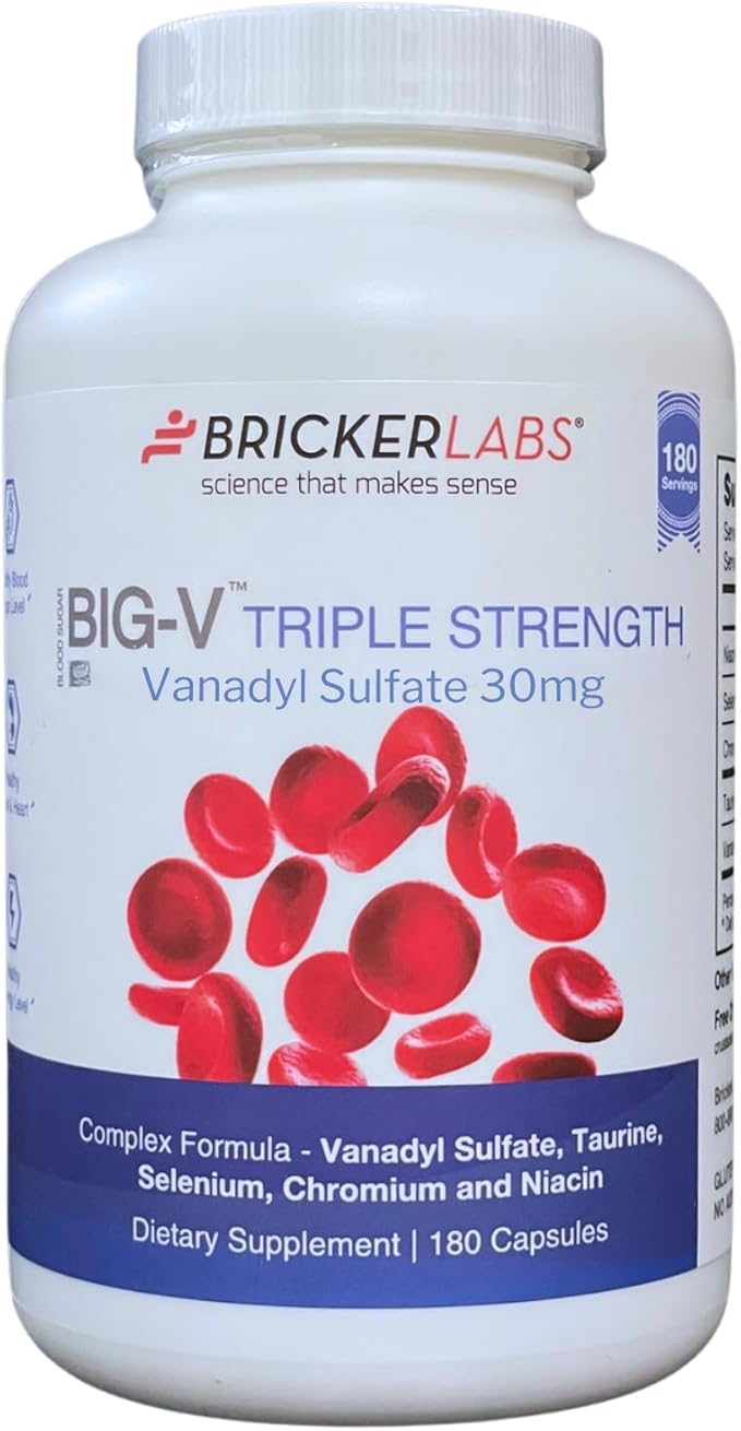 Bricker Labs Big-V Triple Strength Vanadyl Supplement: Vanadyl Sulfate 30 mg, Taurine 600 mg, Selenium, Chromium and Niacin, Blended Mineral Supplement, 180 Capsules (180 Servings)