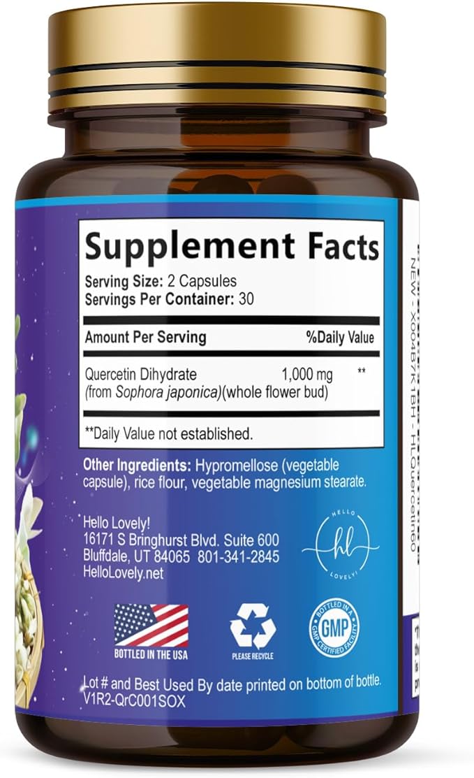 Quercetin Dihydrate 1000mg per Serving - Premium Plant-Based Bioflavonoids - Extra Strength Antioxidant Immune & Respiratory Health Support - High Absorption Quercetin Dihydrate - 60 Veggie Capsules
