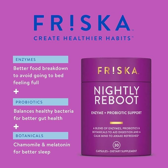 Friska Nightly Reboot - Nighttime Digestive Enzymes, Probiotic for Gut Balance & Bloating Support, with Melatonin & Chamomile to Promote Relaxation & Sleep, 90 Capsules