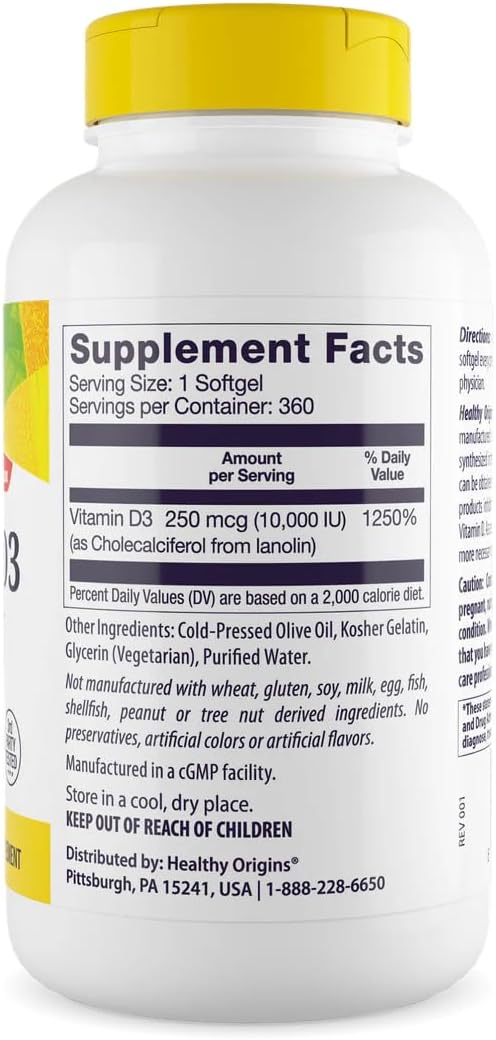 Healthy Origins Vitamin D3 10,000 IU (250 mcg), 360 Liquid Softgels - High Potency Sunshine Vitamin Supplement - Supports Strong Bones, Healthy Teeth & Immune System Function