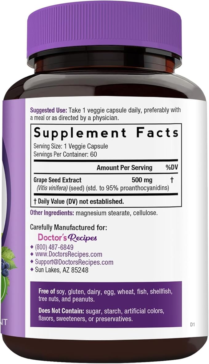 Doctor's Recipes Grape Seed Extract, 500 mg Standardized Extract with 95% Proanthocyanidins, Non-GMO, Antioxidant Support, Heart, Immune & Skin Health, 60 Veg Caps