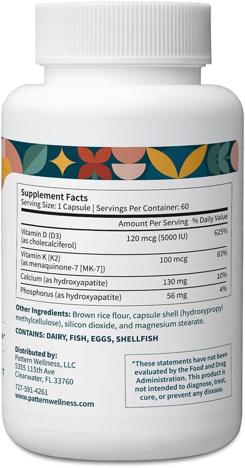 Pattern Wellness Vitamin K2 & D3 Supplement with Calcium – Bone Health, Circulatory Wellness & Immune Support - Non-GMO - 60 Capsules