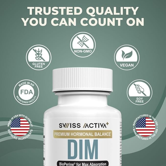Swiss Activa+ Labs DIM Supplement – Hormone Balance for Women & Men – Estrogen Supplement for Women and Men– Supports Hormonal Acne & Menopause Symptoms| Gluten Free, Non-GMO & Vegan – 180 Days Supply
