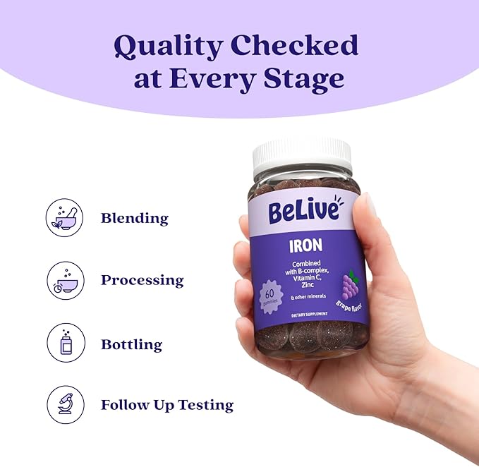 BeLive Iron Gummies - Multivitamin Iron Supplement with Vitamin C, A, B & Zinc, Supports Blood Oxygen, Vegan Supplements for Women, Men & Kids for Growth and Development - Grape Flavor | 5-Pack