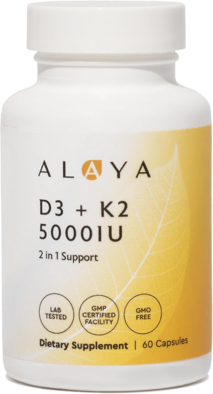 Alaya Naturals Vitamin D3 K2 Supplement – 5000 IU D3, 50 mcg K1, 15 mcg K2 MK-7 – High Absorption Capsules for Bone & Immune Support, Non-GMO, Vegetarian Capsules 60 Count