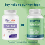 BESTVITE Folic Acid 1000mcg (Vitamin B9) (240 Vegetarian Capsules) - No Dicalcium Phosphate - No Stearates -No Silicon Dioxide - Non GMO - Gluten Free