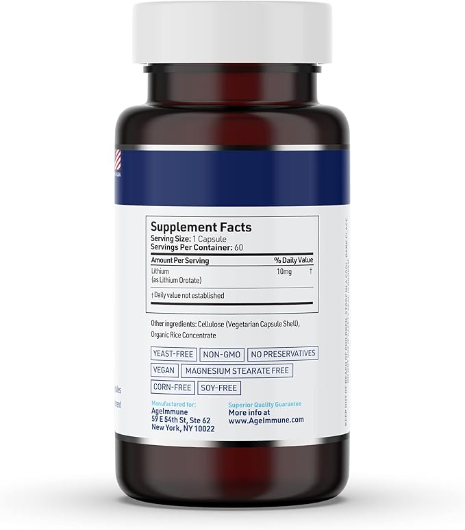 Lithium Orotate 10mg per Capsule - 60 Vegetarian Capsules. Memory and Emotional Wellness Support - Magnesium Stearate Free - 2 Months Supply of Lithium Supplement. (2)