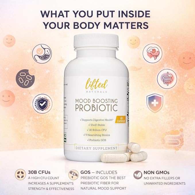 Lifted Naturals Mood Boosting Probiotic 30 Billion CFU - Mood Support Supplement, Prebiotics and Probiotics for Women & Men, Acidophilus Lactobacillus Probiotic, Shelf Stable & Non-GMO, 60 Capsules