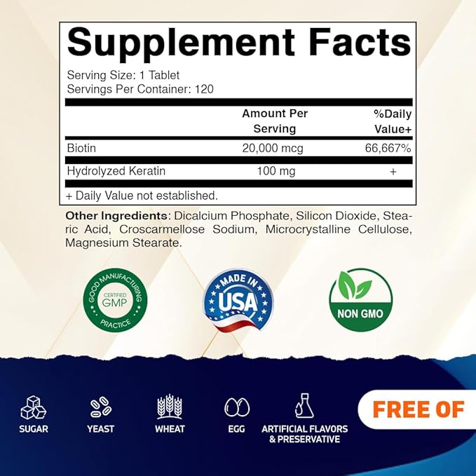 Vitamatic High Potency Biotin 20000 mcg (20mg) with Keratin 100mg - 120 Tablets - Biotin Supplements for Healthy Hair Skin & Nails for Adults (120 Count (Pack of 2))